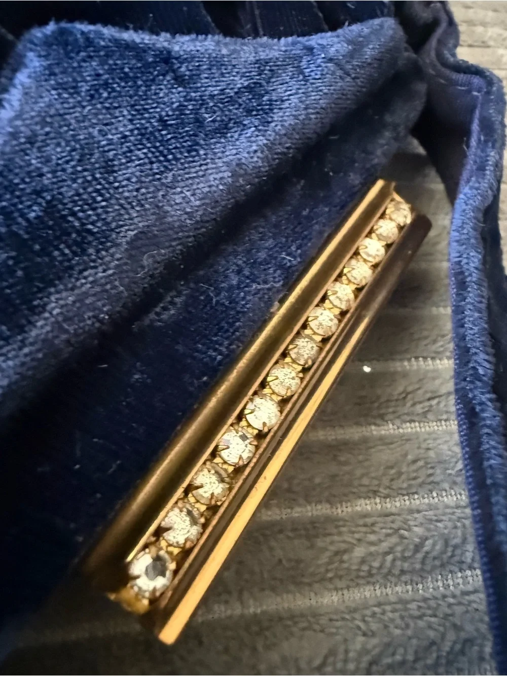 Vintage Navy Velvet Evening Clutch with Gold Bar Clear Rhinestone